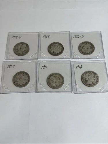 1907-1916 P/D BARBER SILVER QUARTER LOT 6x COINS, VG SILVER, Troy Oz 1.0851