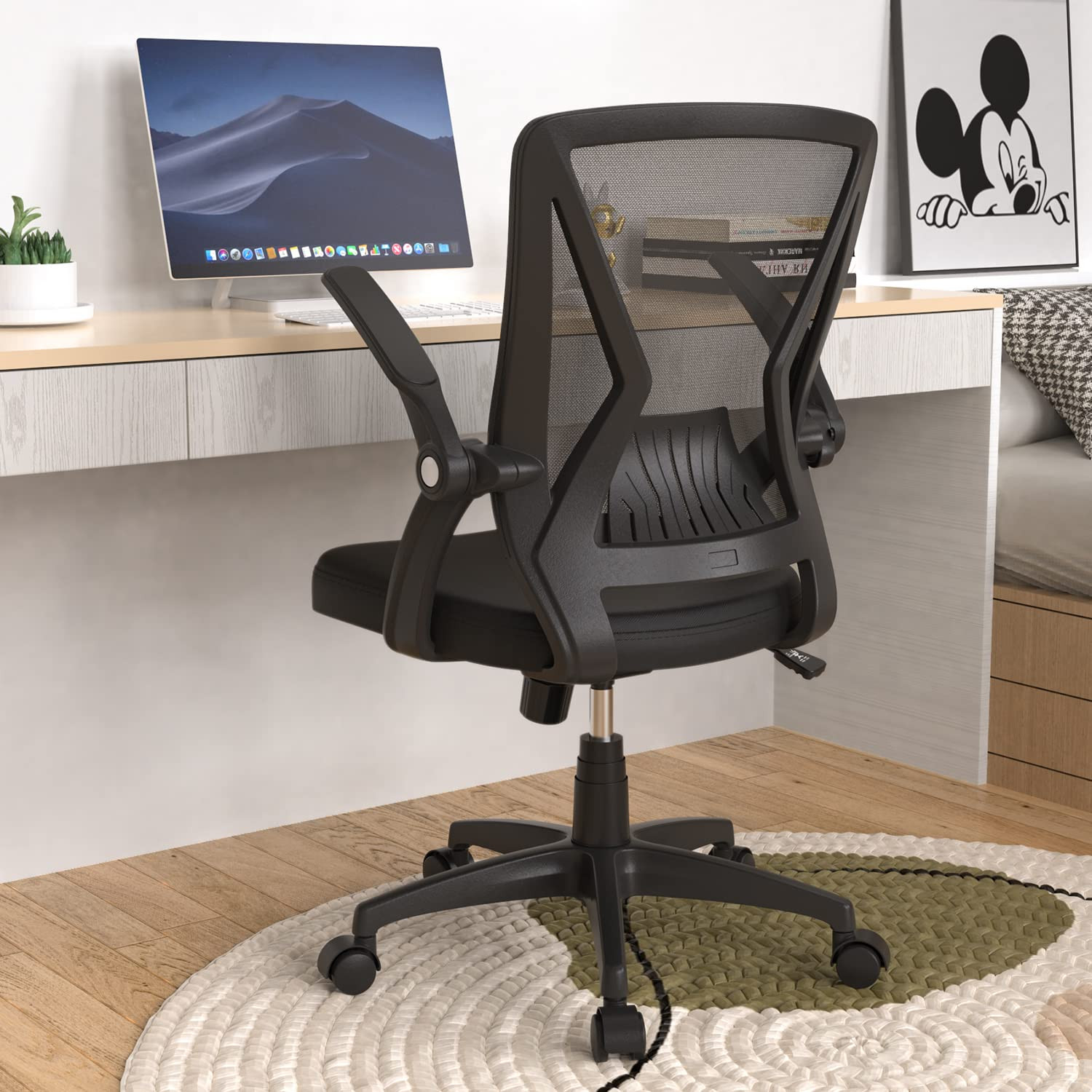 Ergonomic Mid Back Mesh Office Chair with Flip-Up Arms and Swivel Base in Black