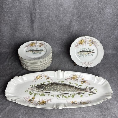 Antique Carlsbad Austria Hand Painted Fish Plate Set Of 12 + Platter A de R & Co