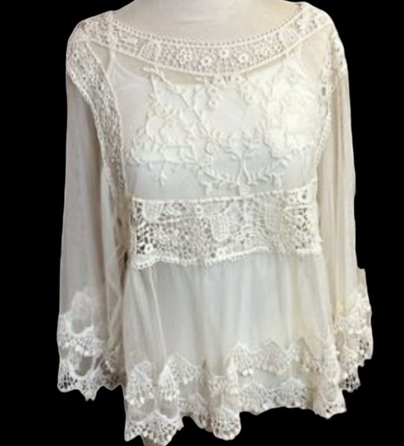 Pullover POL pizzo e rete top bohemien trasparente avorio donna taglia M/L - Foto 1 di 8