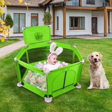 Foldable Green Baby Playpen - Kids Safety Gate Fence Slide Set with Ball Hoop