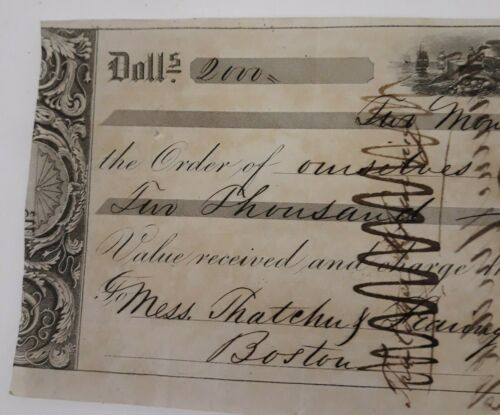 Antique 1846 Bank Check Receipt Boston Parchment Graphic Ships Horn of Plenty - Picture 3 of 6