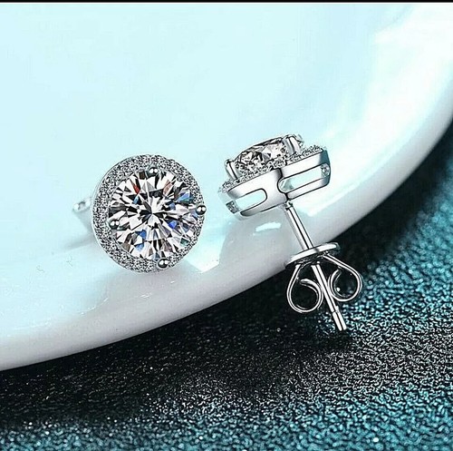 3Ct Round Cut Lab Created Moissanite Halo Women Men Stud 14K White Gold Plated - Picture 4 of 6