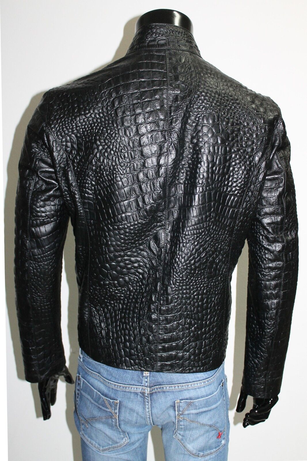 Italian handmade Men genuine lambskin leather jacket alligator crocodile  Black