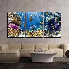Wall26 - Tropical Fish on a Coral Reef - Canvas Wall Art Decor- 16"x24"x3 Panels