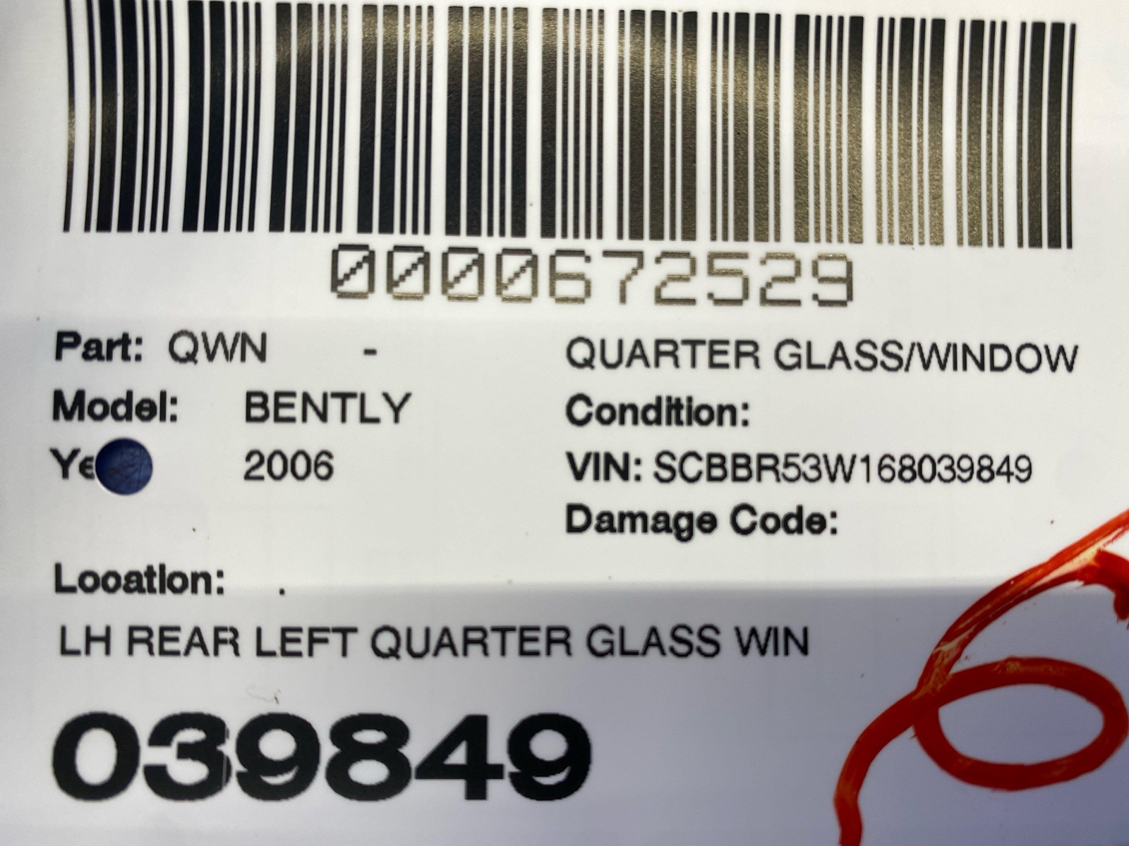 2006-2012 BENTLEY CONTINENTAL FLYING SPUR REAR LEFT QUARTER GLASS WINDOW OEM