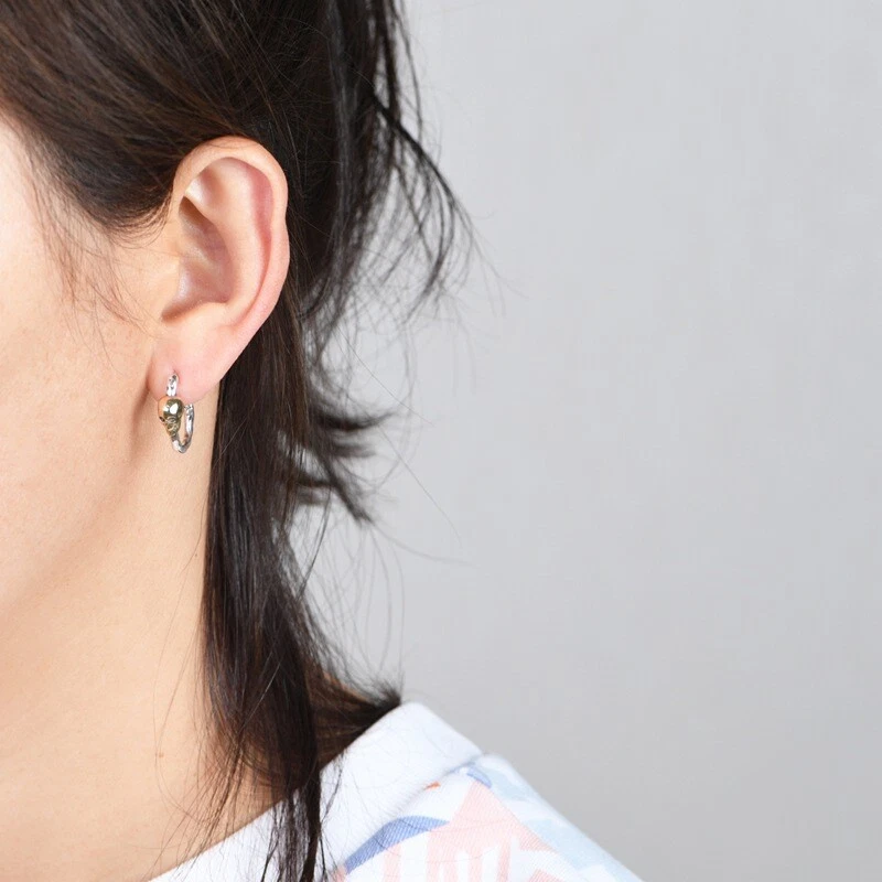 S925 Sterling Silver Hoop Earrings with Copper Skull Charm Gothic Biker Jewel - Image 4 of 4