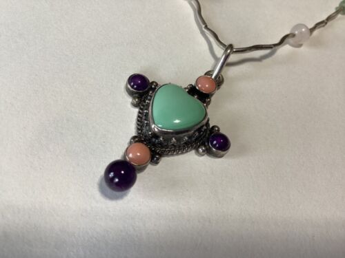 Sterling Silver Turquoise, Pink Opal & Amythyst 16" Pendant Necklace - Picture 2 of 4