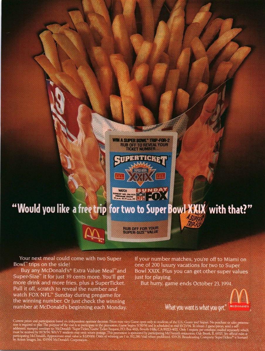 1994 VINTAGE PRINT AD McDONALD'S AD SUPER BOWL XXIX LARGE FRIES TICKET  AD