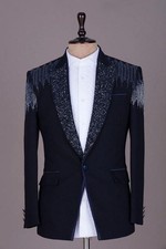Black Crystal Lapel Tailored Tuxedo Suit Couture Wedding Formal Statement Wear