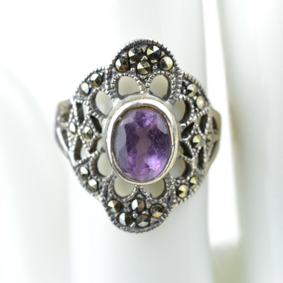 Vintage Bijou Brigitte Sterling Silver Amethyst Marcasite Art Deco Ring Size 6.5