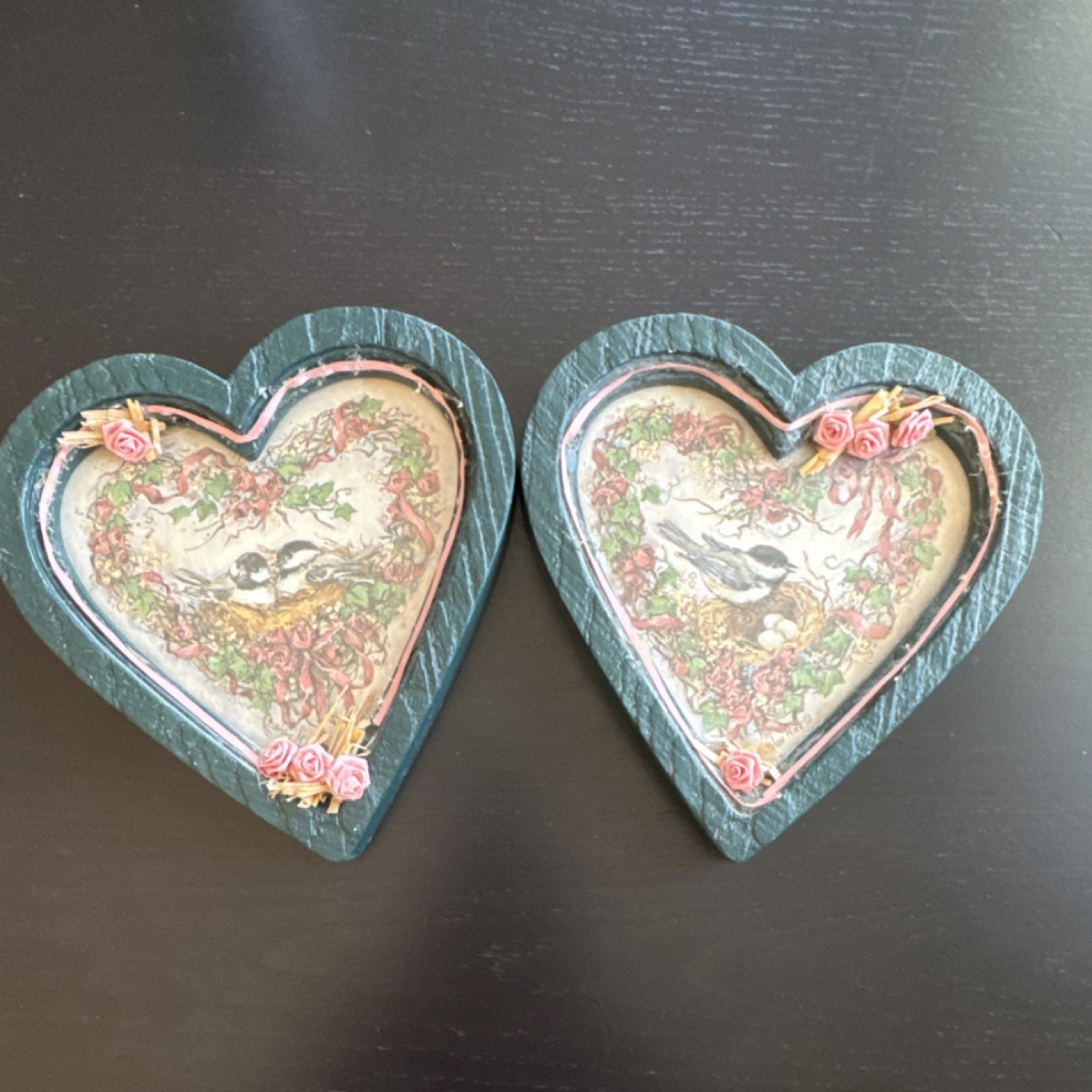 Vintage Grannycore HOMCO Heart-Shaped Bird Floral Wall Plaque Set of 2 Chickadee