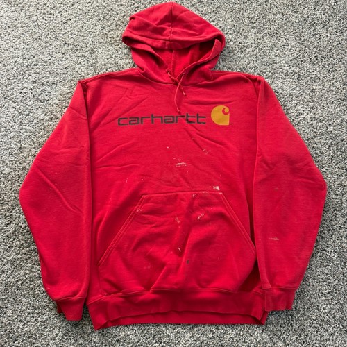 Vtg Carhartt Men Red Graphic Logo Hoodie Hooded Sweater Large Distressed Paint