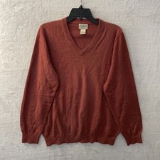 LL Bean Mens Sweater Solid Clay Orange Medium Cashmere Blend V Neck Long Sleeve