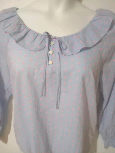 J.Crew Shirt Womens Small Blue Ruffle Trim Neck Peasant Cottagecore Long Sleeve 