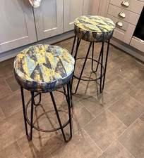 Set of 2 Indoor Bar Stools, Patterned Round Seats, Black Metal Frame