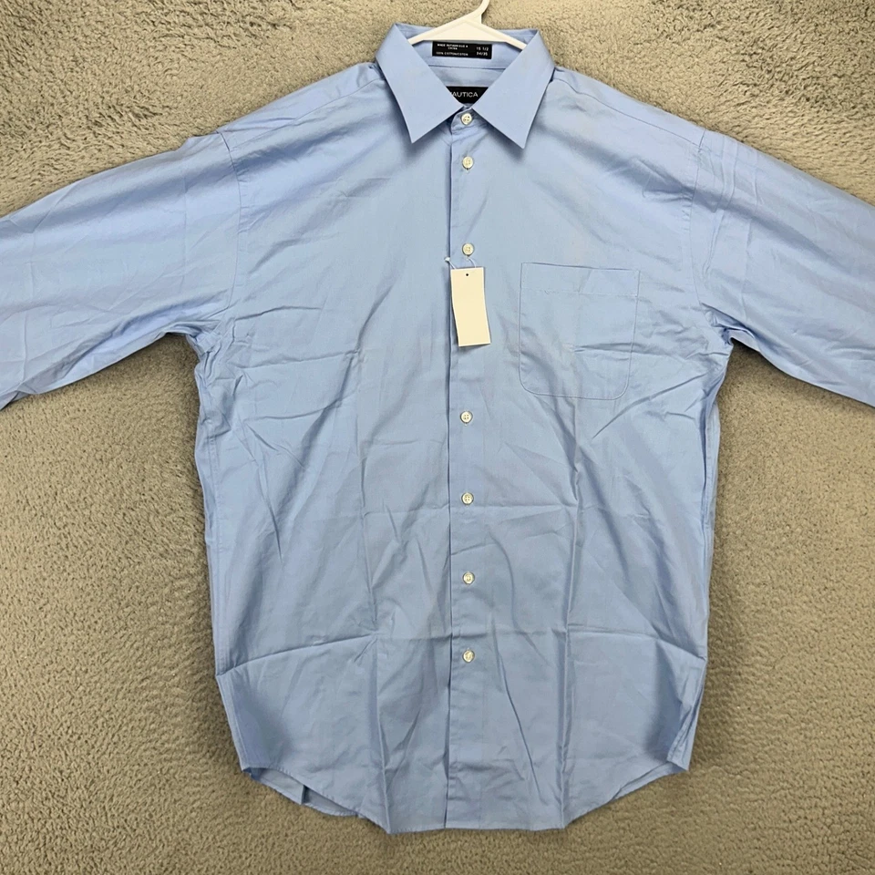 Nautica Mens Dress Shirt 15.5 34-35 Blue Button Up Long Sleeve Pocket Cotton NEW - Image 2 of 4