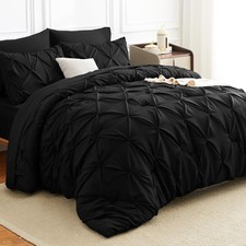 HIMEET Queen Comforter Set Black - 7 Pieces Pintuck Bed in a Bag