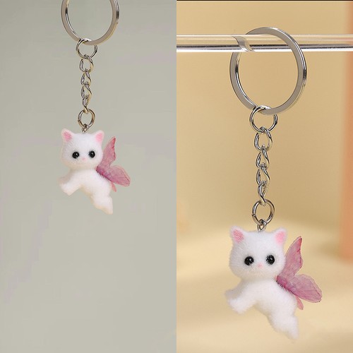 Cute Flocking Cat With Pink Butterfly Wings Keychain 3D Pendant Bag Decor - Imagen 5 de 6