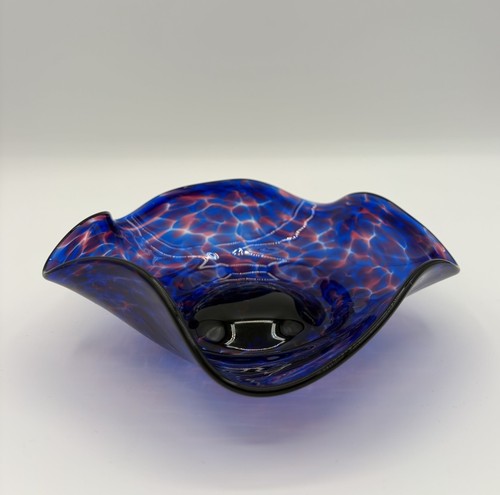 Purple Blue Speckled Abstract Crimped Rim Hand Blown Art Glass Bowl 6.5"