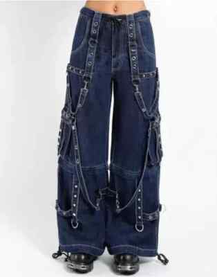 2 in 1 Goth Cargohose mit Trägern, Denim Punk Emo Hose mit Ketten