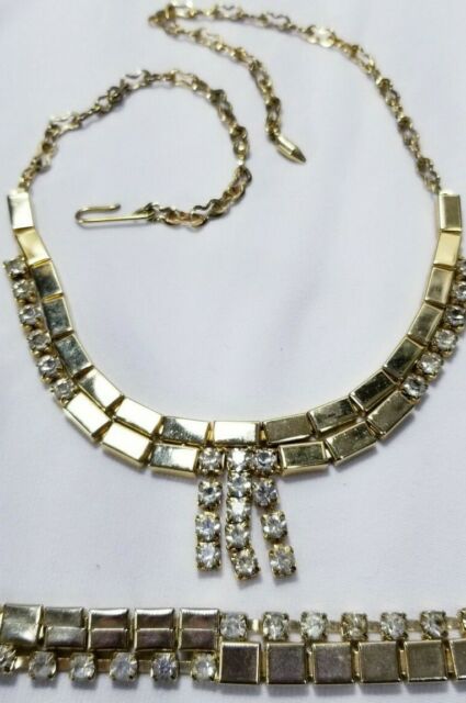 Vintage Gold Rhinestone Necklace Bracelet Set