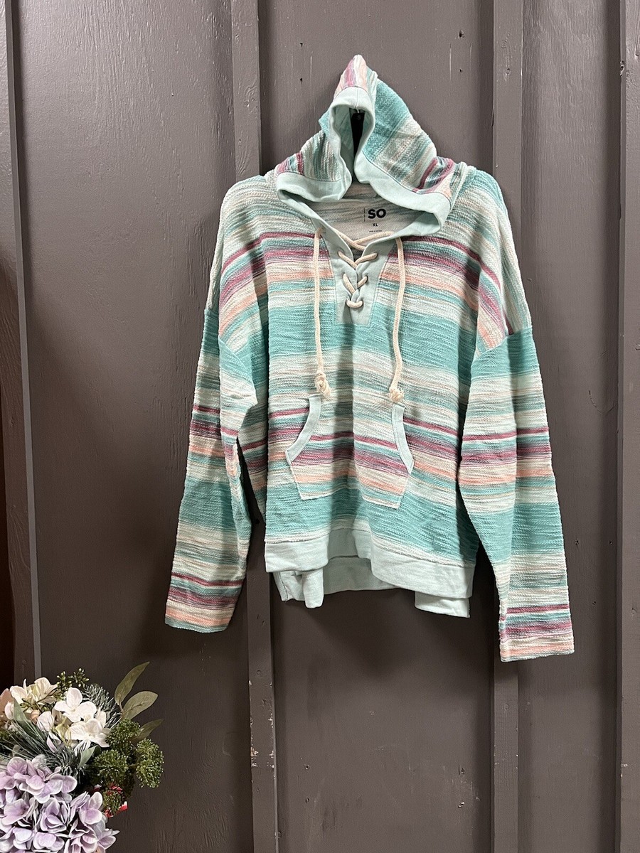 SO Juniors Lace Up Hoodie Sz XL Striped Hooded Blue Pullover SO Juniors Lace Up Hoodie Sz XL Striped Hooded Blue Pullover