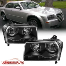 For 2005-2010 Chrysler 300 Halogen Headlights Assembly Pair Black Head Lamps
