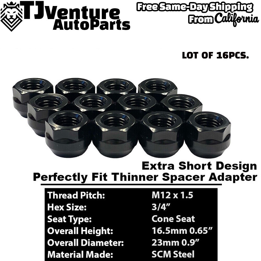 16Pc Black M12x1.5 Super Short Acorn Open End Lug Nut 3/4