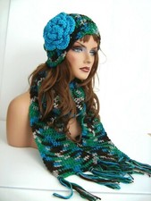 TURQUOISE BROWN HAND CROCHET FLOWER HAT AND SCARF SET BEANIE SKULL SKI CAP TAM