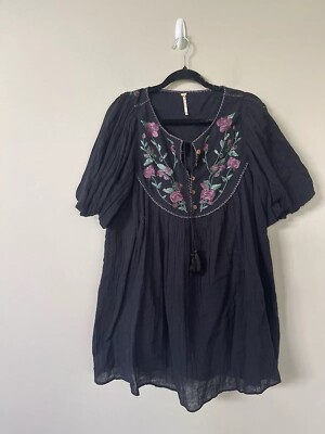 Free People Mini Dress Cotton Black Rosa Linda Tunic Floral Embroidered XS  New | eBay