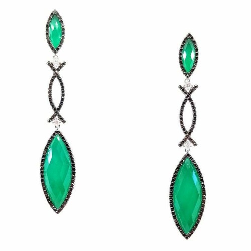 Brilliant Marquise Shape 40.23CT Green Agate With White & Black CZ Fine Earrings - Picture 2 of 6