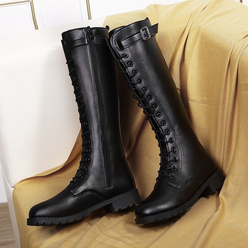 Womens Punk Zip Up Riding Knee High Boots Outdoor Lace Up Knight Boots Tall Boot - Imagen 6 de 12