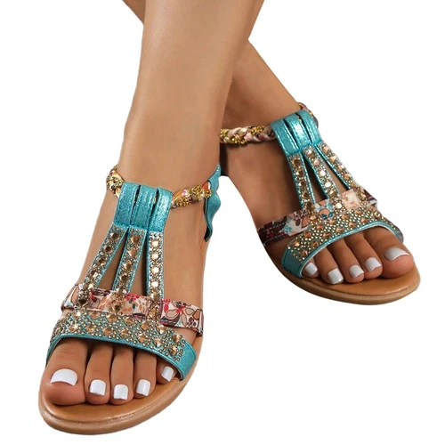 Mujeres Moda Verano Cuña Punta Abierta Sandalias Estrás Decoración Sandalias con Cordones - Imagen 7 de 28