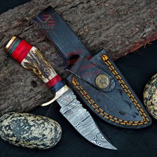 CUSTOM MADE HAND FORGED DAMASCUS 6 in HUNTING/SKINNING KNIFE STAG/ANTLER HANDLE