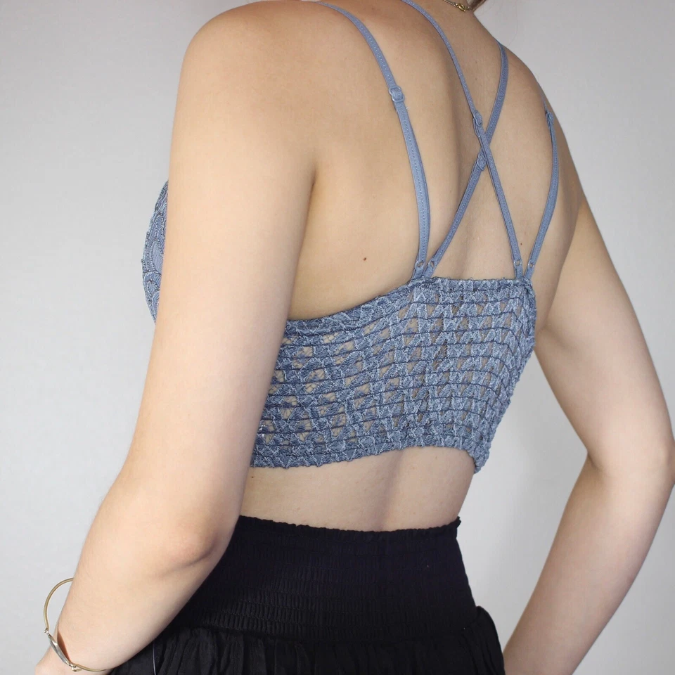 Bralette Anémona Crochet Encaje Talla S Acolchado Azul Cruzado Top Corto Transparente Boho Foto 2 de 4