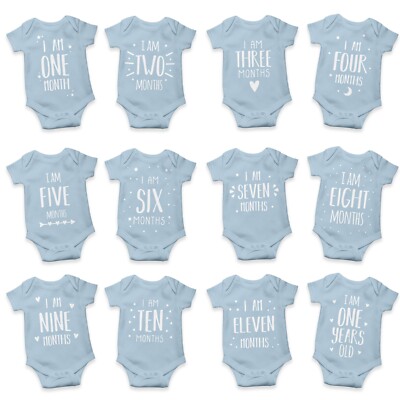 Baby Milestone Blue Monthly Birthday Personalised Baby Bodysuits