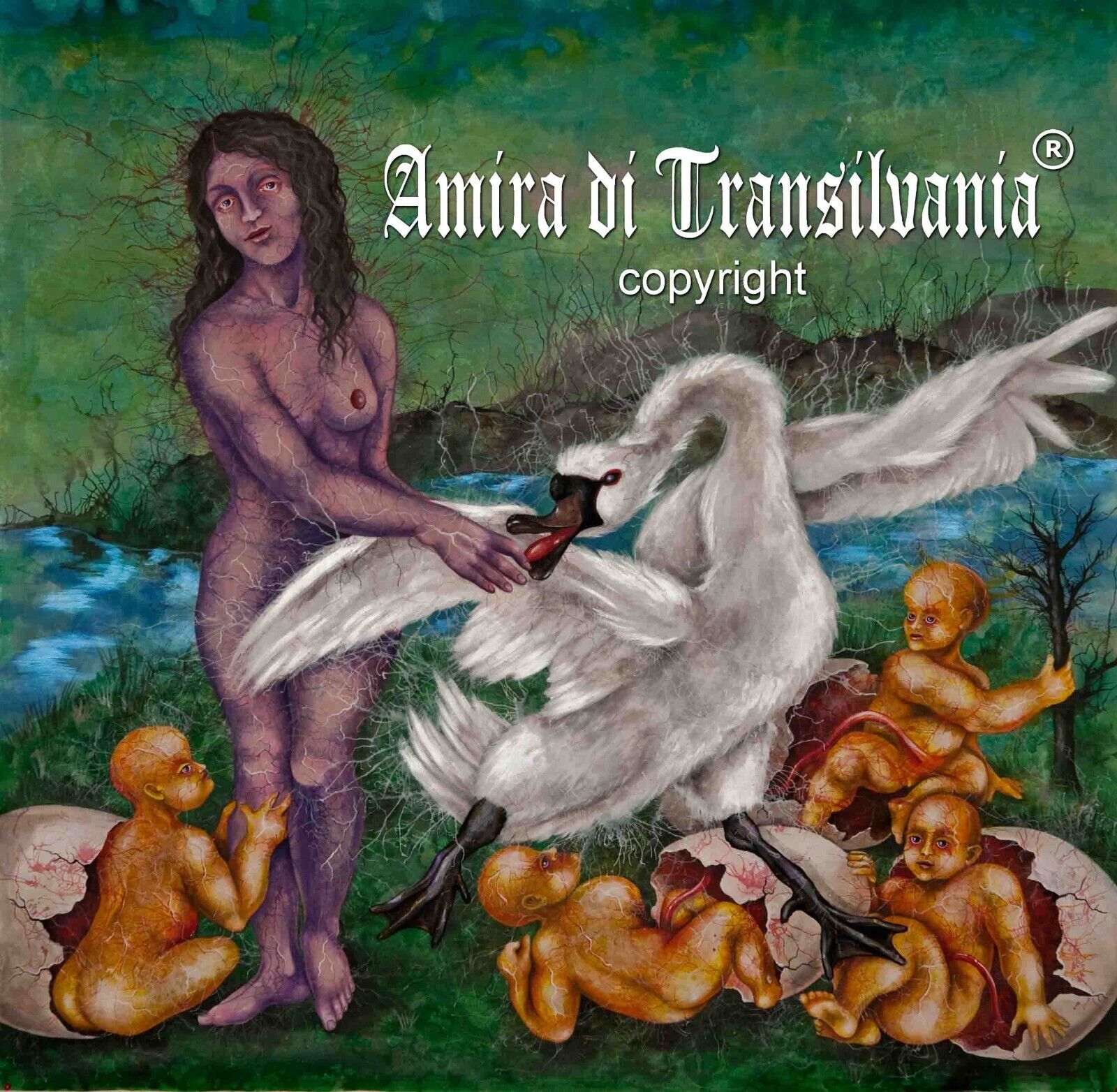 art painting contemporary mythology leda white swan children eggs landscape aceo - Picture 4 of 24