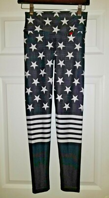 FIT MAMA Black White Stars & Stripes American Love Leggings SMALL 4/6 Yoga Gym