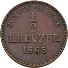 Württemberg Charles 1/2 Cruiser 1865 Copper 2.1g Original #AFA360