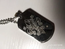 Stainless Steel Antique Fleur De Lis Engraved Dog Tag Pendant Necklace 24 inch