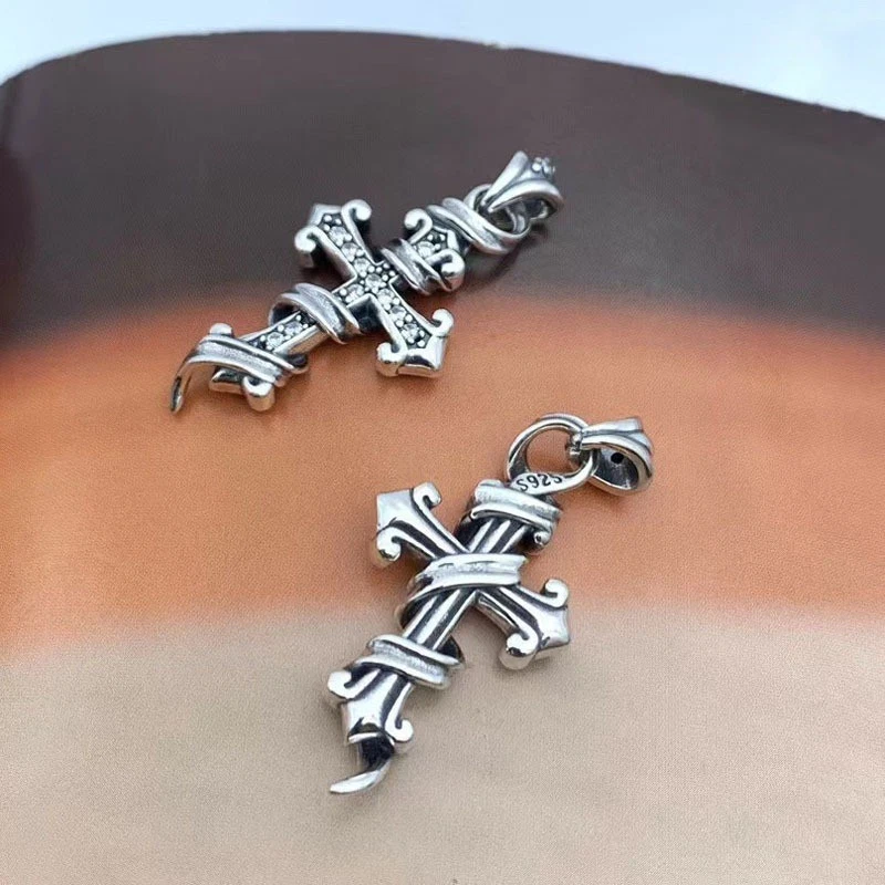 S925 серебро Gothic обернутый крест подвеска черный белый CZ мотоциклиста ювелирных изделий - Изображение 3 из 4