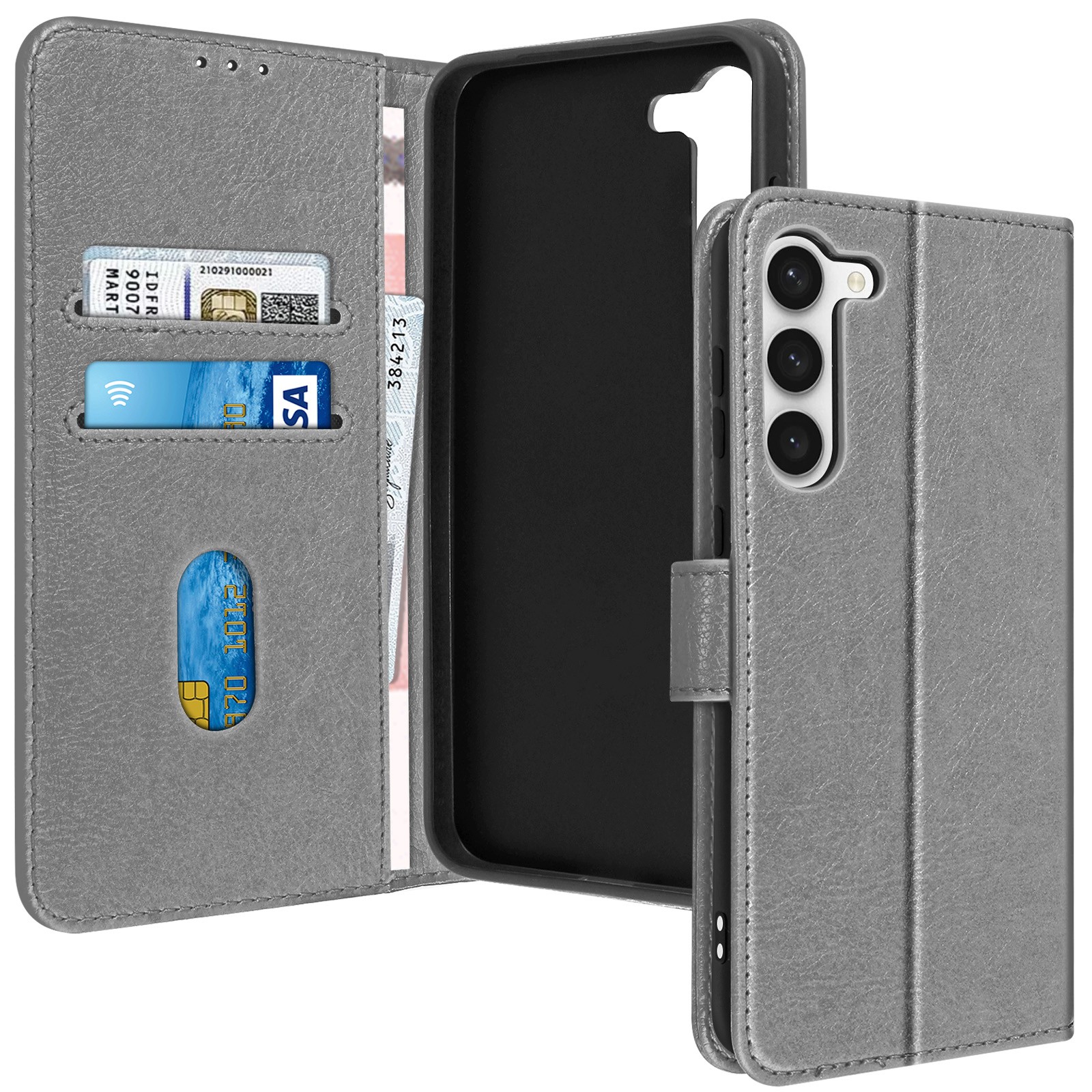 Coque Galaxy S23 idéale pour les transports avec son porte-carte gris