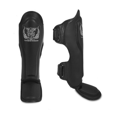 Top King New Pro Leather Shin Guards for Muay Thai Black, Medium