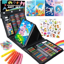 **332pc Art Drawing Kit Kids Teens Case Easel Pencils Crayons Pastels Black**