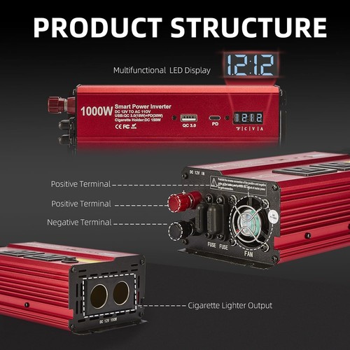 TWING Auto 1000W Wechselrichter, 12V DC auf 110V Wechselrichter für 1000W, rot  - Bild 8 von 9