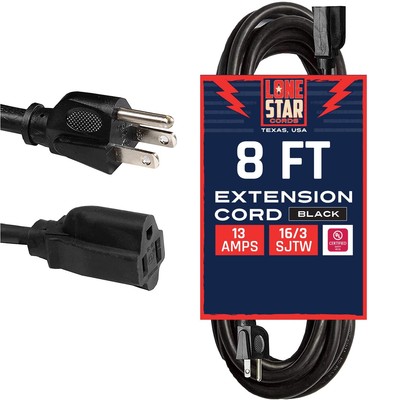 Lone Star 13 AMP Black Extension Cord 8 ft, 16 AWG Indoor & Outdoor Extension...