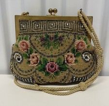 VTG 60s Gold Pink Beaded Tapestry Floral Rose Bohemian Handbag Clutch Purse
