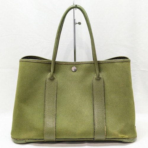 Hermes Garden Party PM 36 Canvas Tote Bag Leather Canvas Green Women's Authentic