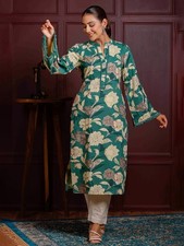 Indian Women BEAUTIFUL Green COTTON Floral Print Kurta Kurti Bell sleeves Dress